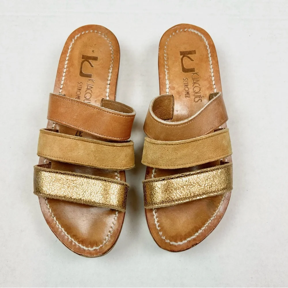K.Jacques Gold and Tan Wedge Sandals